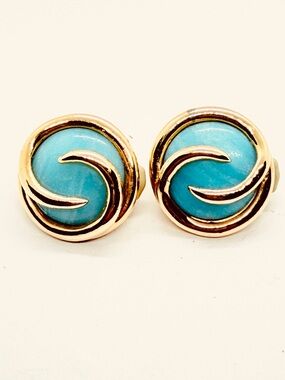 1950's CINER Signed Swivel Round Turquoise Gold Tone Clip On Earrings Vintage